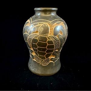Nicaraguan Pottery Vase. Hand Carved Turtle Scene.  EUC.  No Chips.